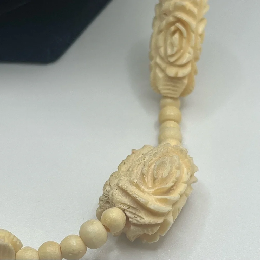 vintage carved bone necklace cream floral rose beads long strand